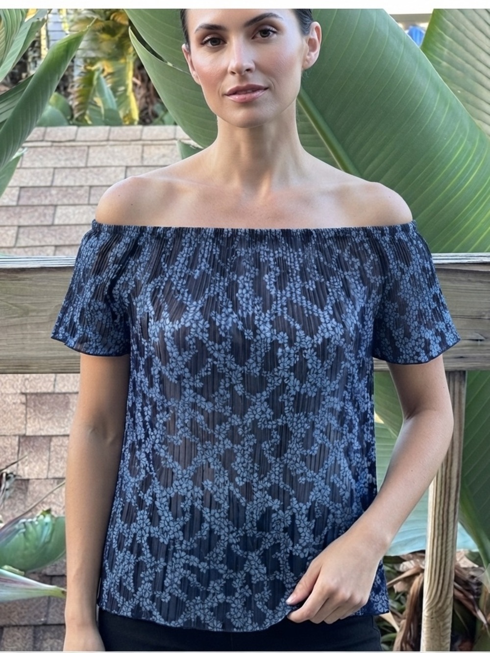 Michael Kors Off Shoulder Pleated Chiffon Metallic Floral Blouse Blue Size S